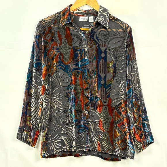 Chico's Velvet Burnout Button Down Whimsigoth Fairy Shirt Sz 0 = M Long Sleeve - Picture 5 of 13